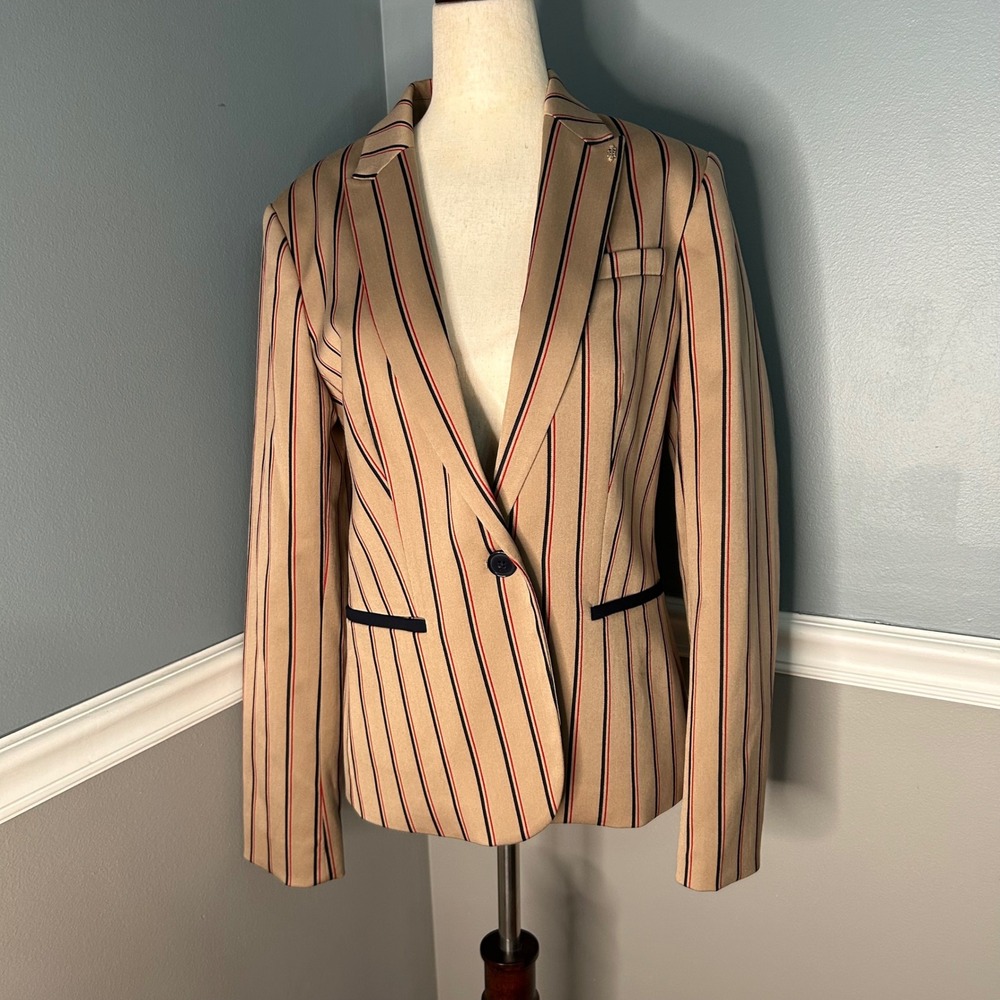 Tommy Hilfiger Womens Tan Striped Blazer Elbow Patches Size 6 Preppy Career